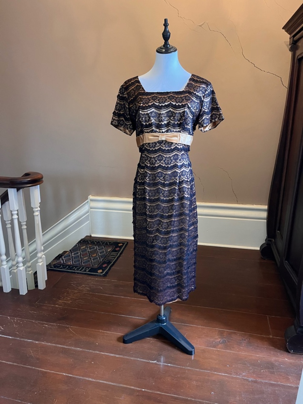 Vintage 1960’s Midi Gold Satin Dress with Black Lace Overlay